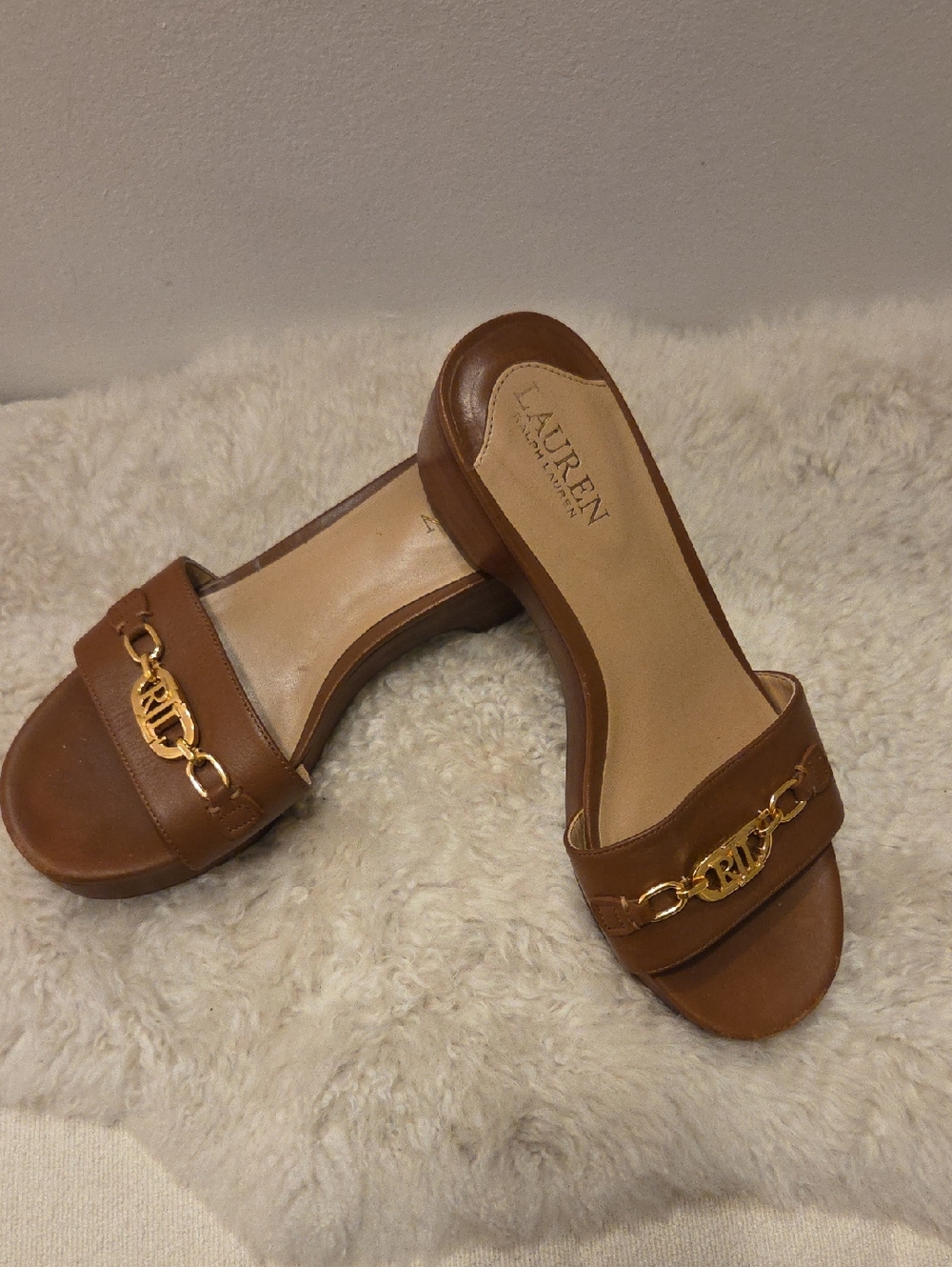 Lauren Ralph Lauren Brown Leather Slide Sandals with Gold Chain